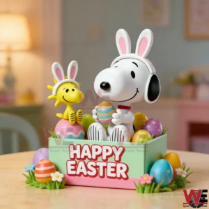 Snoopy and Woodstock Easter figures sitting in a decorated box with colorful eggs!