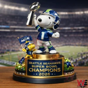Snoopy in Seattle Seahawks uniform holding a championship trophy on a Super Bowl champions base!