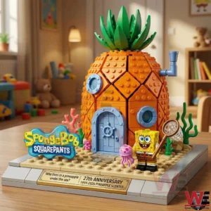 Brick built pineapple house display with SpongeBob figure jellyfish sea plants and an anniversary plaque!