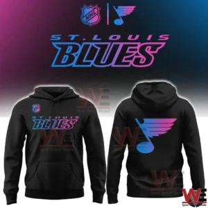 Black St Louis Blues hoodie with neon cyberpunk logo front and back!