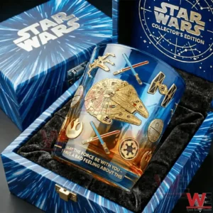 Star Wars collectors glass with space themed emblems inside a blue display box!