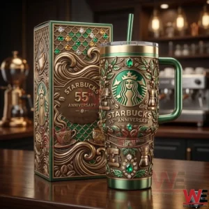 Ornate green and gold Starbucks anniversary coffee tumbler on a cafe table!