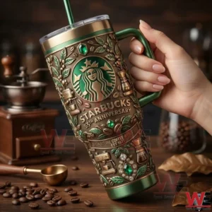 Starbucks 55th Anniversary Signature Coffee Artisry 40oz Tumbler With Handle 4 Hand holding an ornate green and gold Starbucks anniversary tumbler!