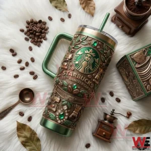 Starbucks 55th Anniversary Signature Coffee Artisry 40oz Tumbler With Handle 5 Starbucks anniversary tumbler displayed with coffee beans and accessories on a soft surface!