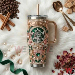 Starbucks Roasted Starbuks Coffee Yeti Tumbler 5 Jeweled coffee tumbler on white fur with coffee beans and cinnamon!