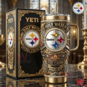 Steelers themed gold insulated tumbler with ornate details next to matching box!