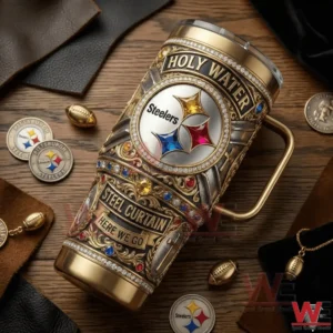 Steelers themed ornate insulated tumbler lying on wooden table with accessories!