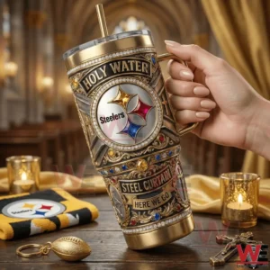 Hand holding a Steelers themed ornate insulated tumbler in elegant setting!