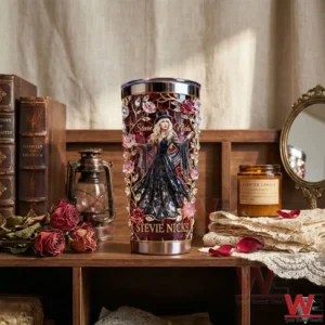 Stevie Nicks tumbler displayed on a wooden shelf with vintage decor elements!