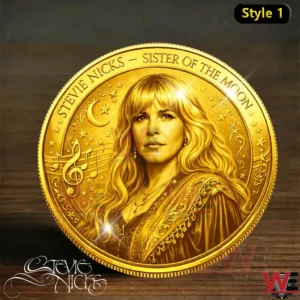 Gold commemorative coin with Stevie Nicks portrait moon stars and musical details!