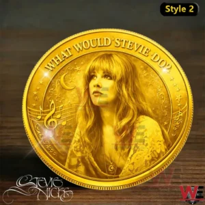 Stevie Nicks Sister of the Moon Commemorative Coin 4 Gold commemorative coin showing Stevie Nicks looking upward with moon and music symbols!