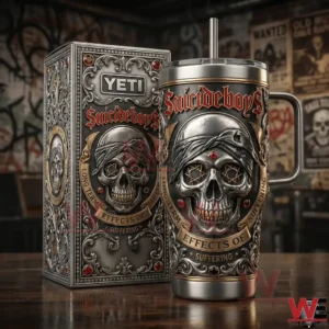 Metal tumbler and box with gothic skull design on a dark background!