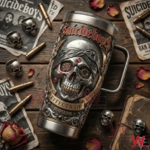 Suicideboys Long Term Effects of Suffering Yeti Tumbler 4 Gothic skull metal tumbler on a wooden table with dark decor!