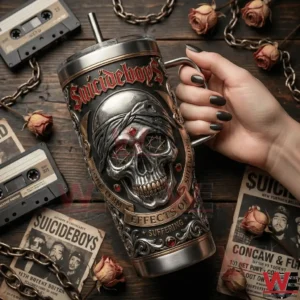 Suicideboys Long Term Effects of Suffering Yeti Tumbler 5 Hand holding a gothic skull metal tumbler on a dark surface!
