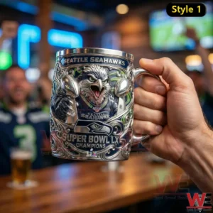 Hand holding Seattle Seahawks Super Bowl LX Champions metal mug in a bar setting.
