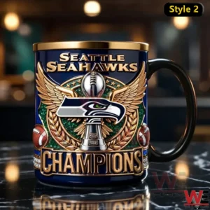 Seattle Seahawks Champions navy and gold mug with trophy and wings design on table.
