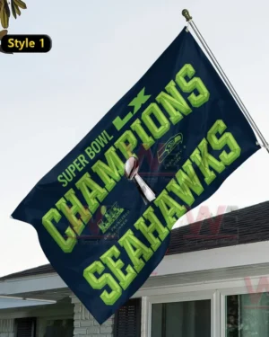 Navy Seattle Seahawks Super Bowl Champions flag with neon green text and trophy graphic.