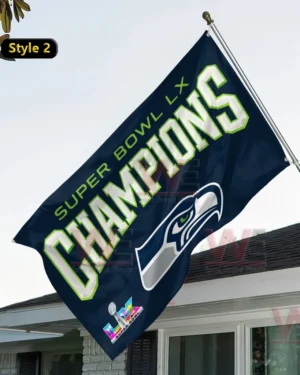 Blue Seattle Seahawks Super Bowl Champions flag with large team logo.