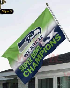 Green and navy Seattle Seahawks We Are 12 Super Bowl Champions flag.