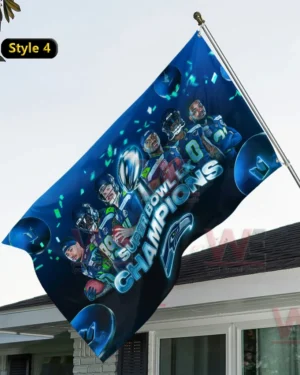 Blue Seattle Seahawks Super Bowl Champions flag with players and trophy graphic.