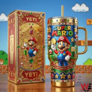 A jeweled Super Mario handled tumbler with a matching ornate gift box on a game themed background!