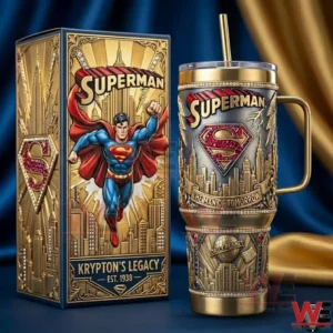 Gold Superman themed insulated tumbler with matching decorative box! v