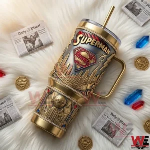 Superman themed insulated tumbler displayed on a white background!