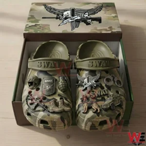 Camouflage SWAT themed clogs displayed inside a box!
