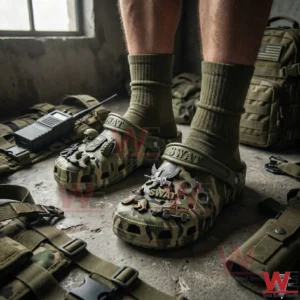 Person wearing camouflage SWAT themed clogs in a tactical setting!