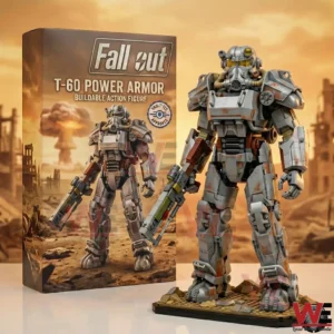 Buildable power armor figure standing in a wasteland scene!