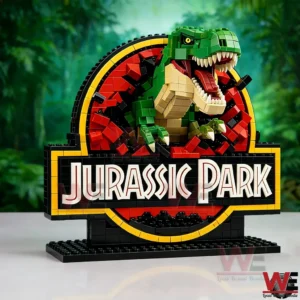 Jurassic Park gate model with T Rex dinosaur made from building blocks!