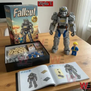 Building block power armor figure with vault character box and instruction book on table!
