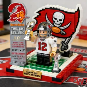 Brick built Tampa Bay Buccaneers player figure holding Super Bowl trophy with team logo backdrop!