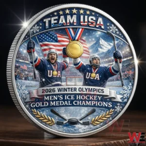 Team USA hockey themed coin showing players celebrating a gold medal and Olympic text!