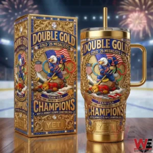 Gold handled tumbler and matching box with Team USA hockey champions artwork in a rink setting!