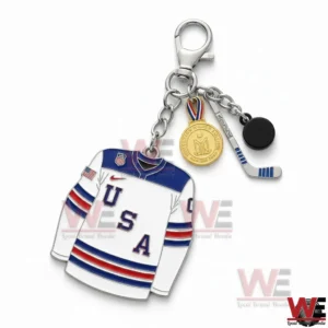 Team USA ice hockey jersey keychain with hockey stick puck and medal charms!