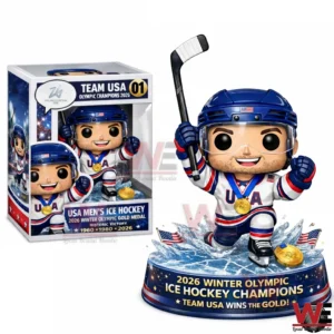 Team USA ice hockey champion figure with raised stick gold medal icy base and display box!