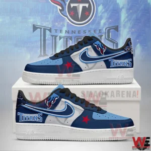 Blue and white Tennessee Titans themed sneakers displayed on a shoe box.