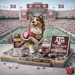 Texas A and M Aggies mascot building block set displayed in a football stadium setting!