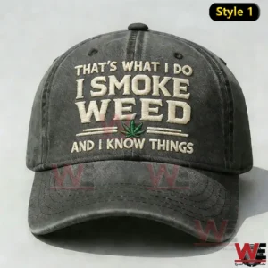 Dark gray baseball cap with embroidered weed slogan and green leaf!