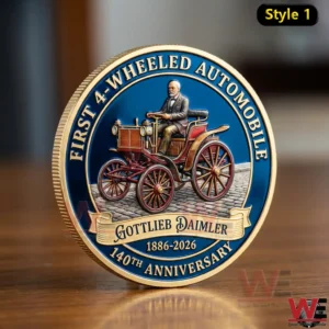 A commemorative coin featuring Gottlieb Daimler and an early four wheeled automobile!