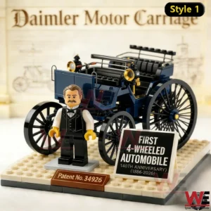First four wheeled automobile building brick model with inventor figure on display!