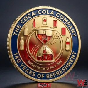 Gold commemorative Coca Cola coin celebrating one hundred forty years of refreshment with bottle icons and clock design!