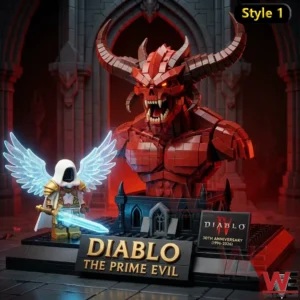 A brick built Diablo The Prime Evil anniversary display with a red horned demon and a glowing angel warrior on a dark base!