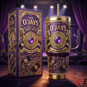 Purple music themed tumbler with gold decorative details on display