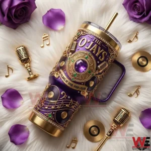 Purple decorative tumbler surrounded by roses and music items