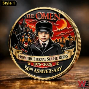 The Omen 50th Anniversary coin featuring a boy in black suit and a Rottweiler against a red sky background.