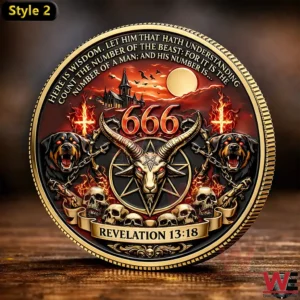 Reverse side of The Omen 50th Anniversary coin with 666 and a goat head symbol surrounded by flames and skulls.