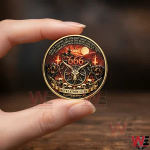 Hand holding The Omen 50th Anniversary coin with 666 and goat head design.