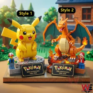 Pokemon building figures of Pikachu and Charizard displayed on decorative stands!
